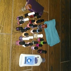 Nail polish, lotion , crop top , wallet